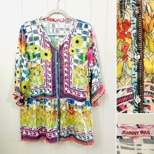 Johnny Was 100% Silk Theda Tunic Peasant Top Bold Pompoms Floral Art to Wear L